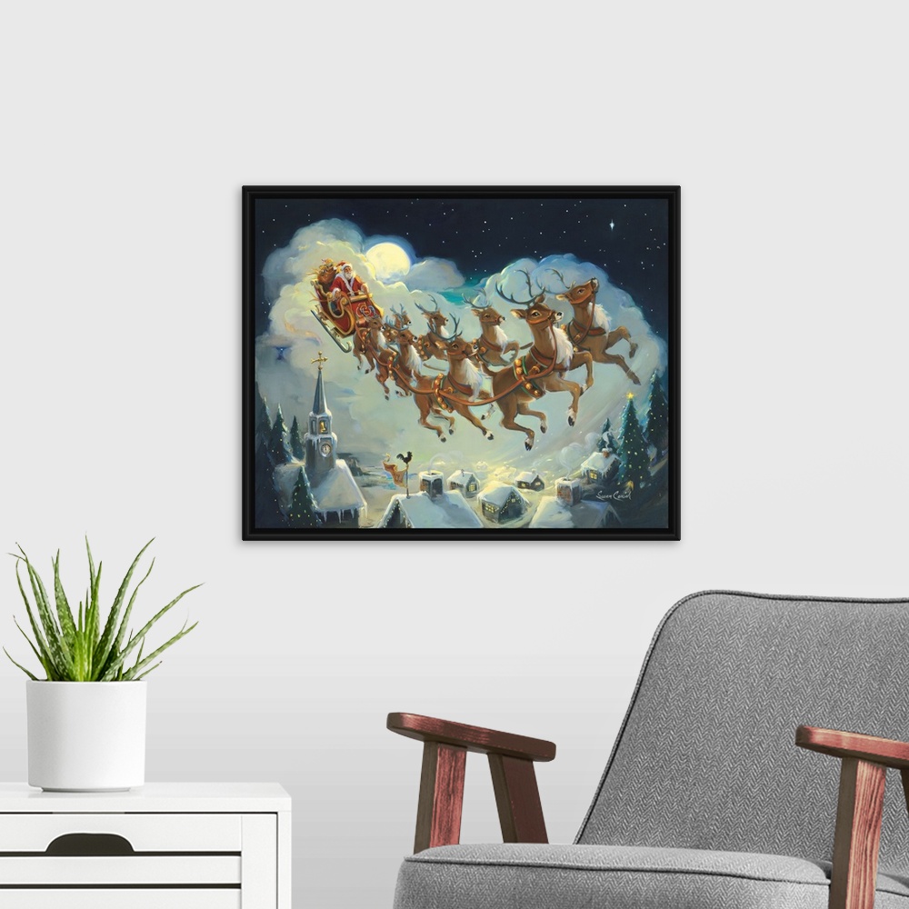 A modern room featuring Painting of Santa and his reindeer flying over houses at night.