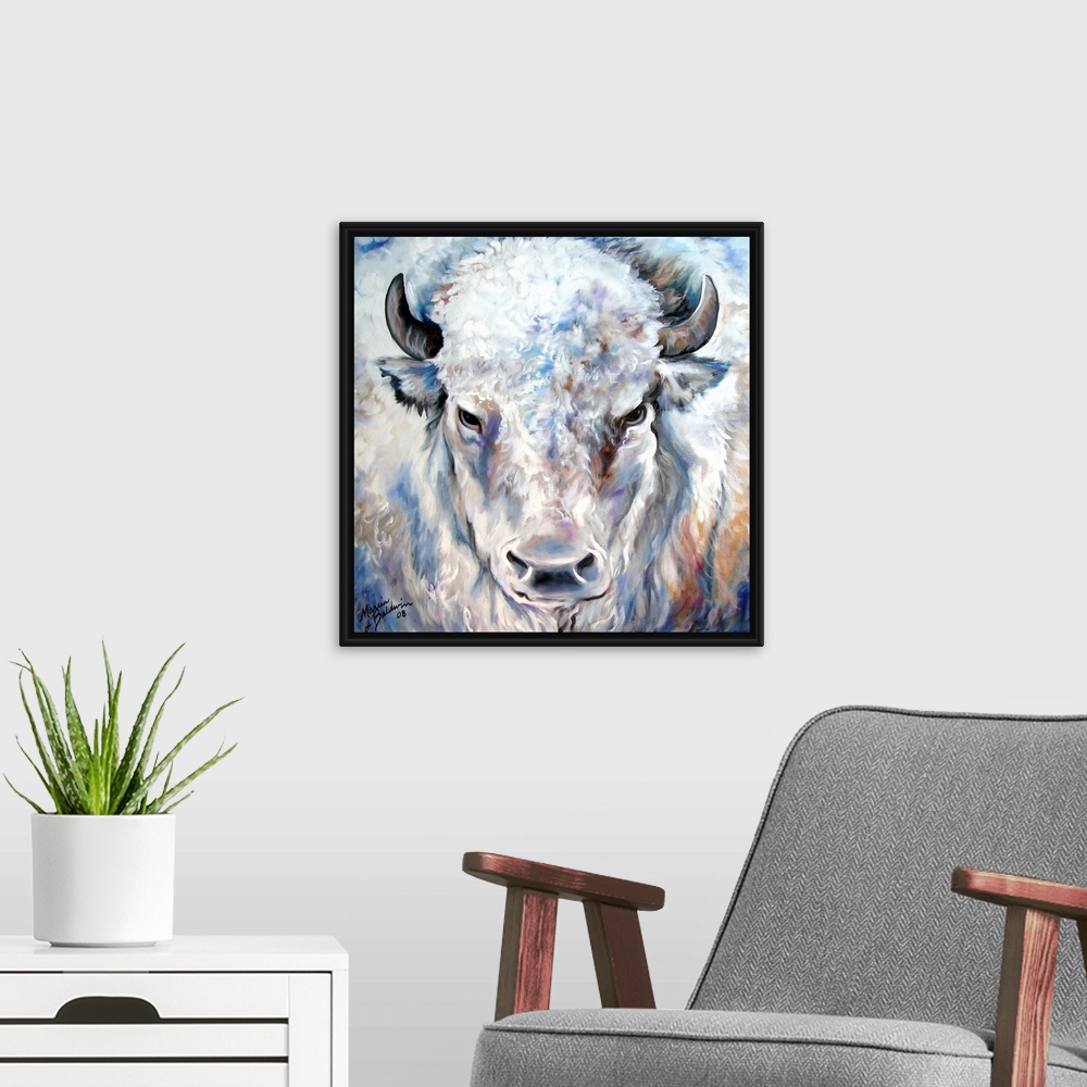 A modern room featuring Square painting of a white buffalo created with cool tones and small brushstrokes for texture in ...