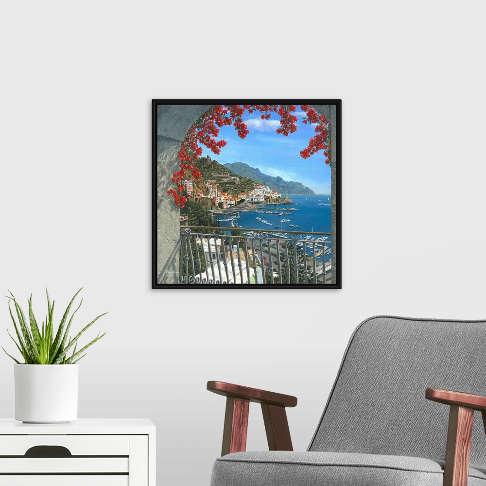A modern room featuring Contemporary painting of a view of a European harbor from a floral adorned balcony.