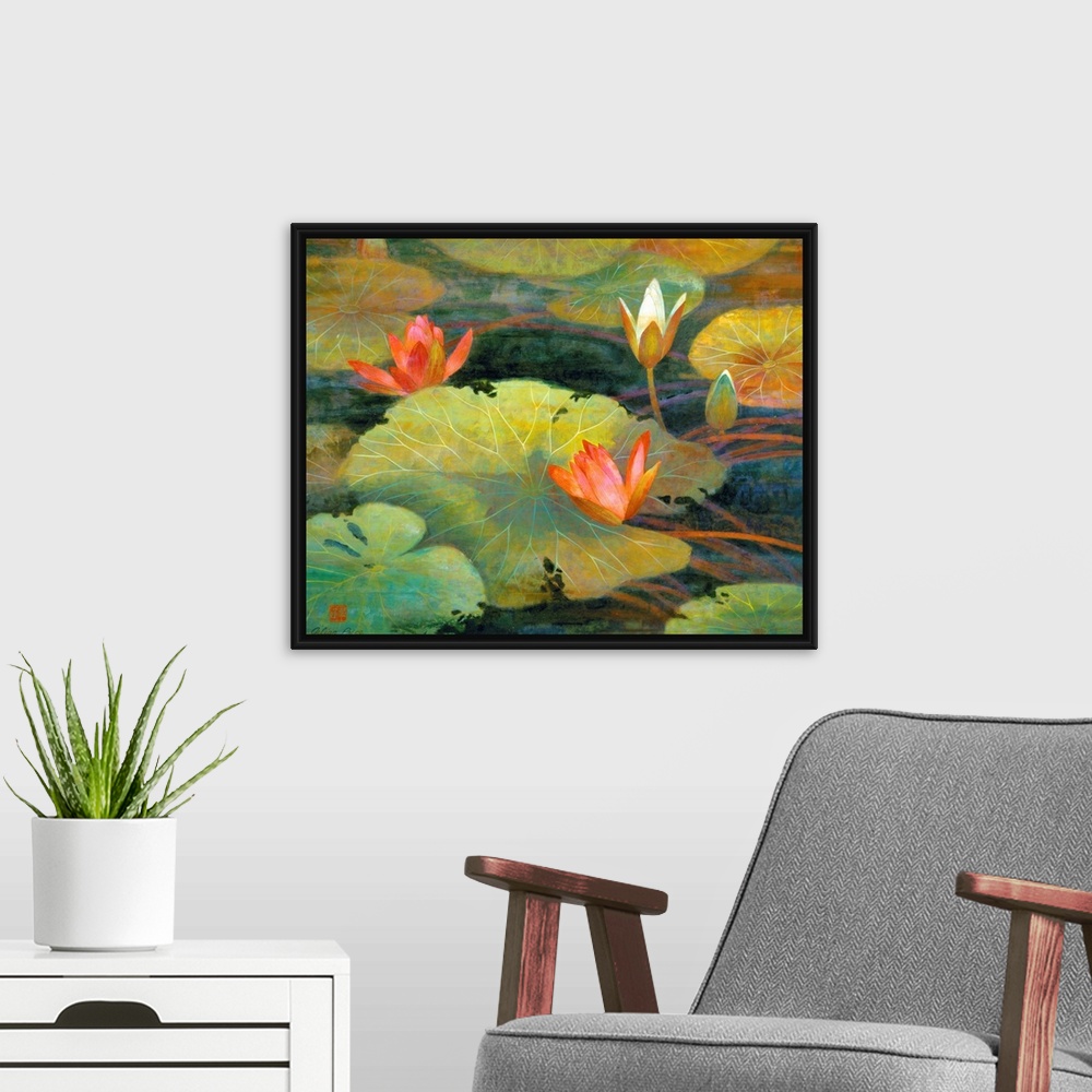 A modern room featuring This is a horizontal, contemporary painting full of detail of lily pads and lotus blossoms floati...
