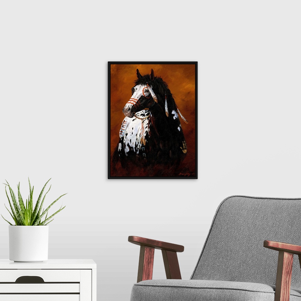 A modern room featuring Large painting of a horse decorated with Native American war paint, feathers and handprints.