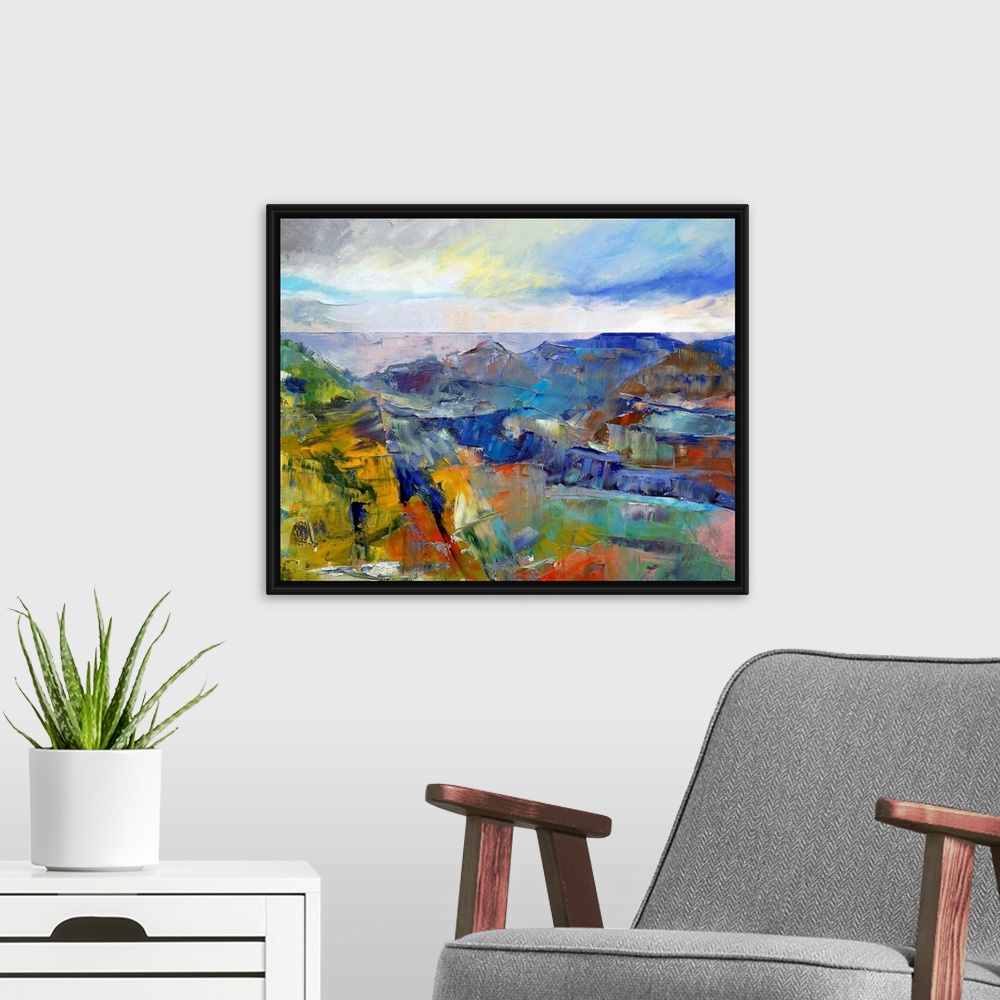A modern room featuring Giclee wall art of an oil paint landscape depicting an impressionistic view of the famous America...