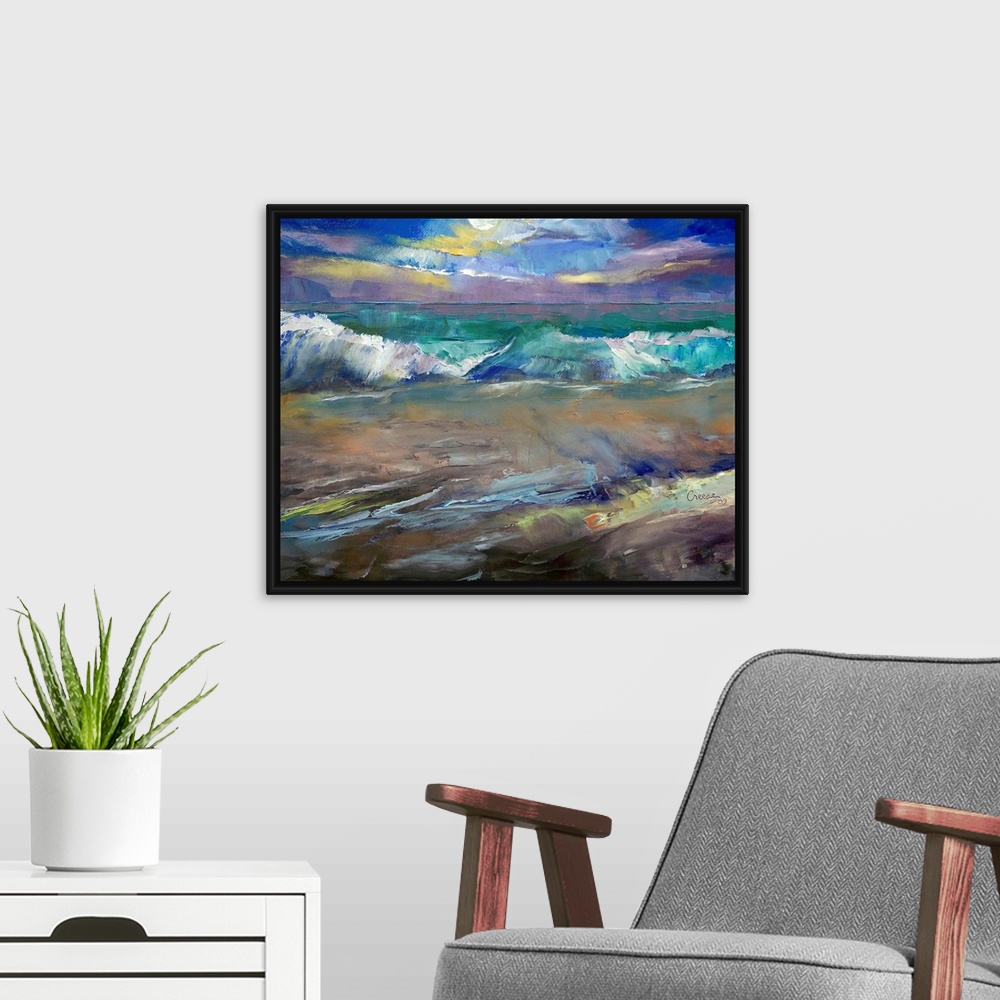 A modern room featuring Gicloe print on canvas of a dramatic seascape under the moon of waves on a beach painted using a ...