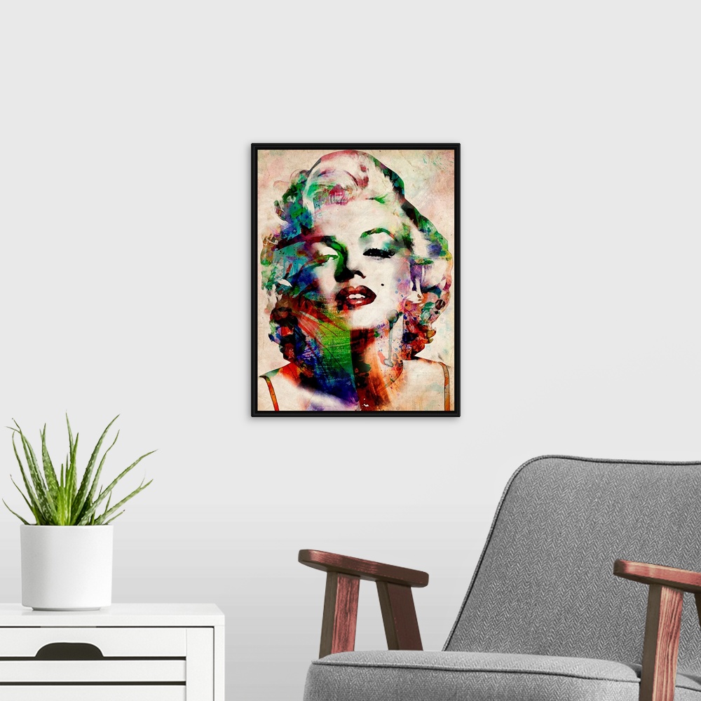 A modern room featuring Contemporary art of Marilyn Monroe with abstract colors on a distressed background.