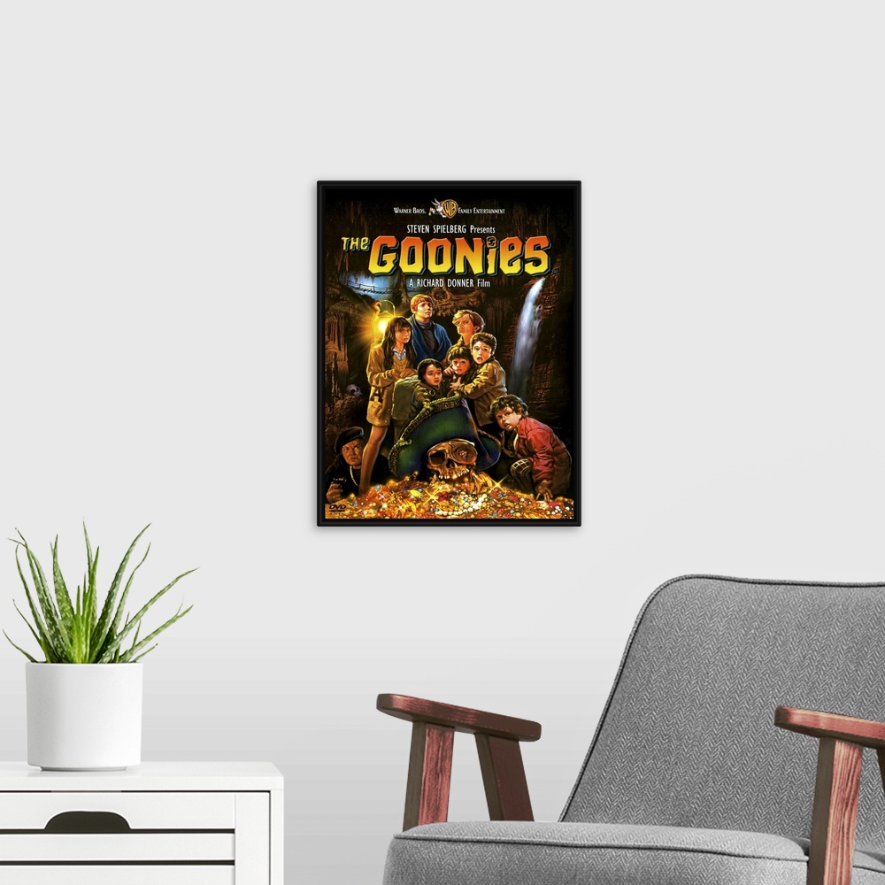 A modern room featuring Movie poster for the 1980s movie Goonies with a drawing of all the child characters standing with...