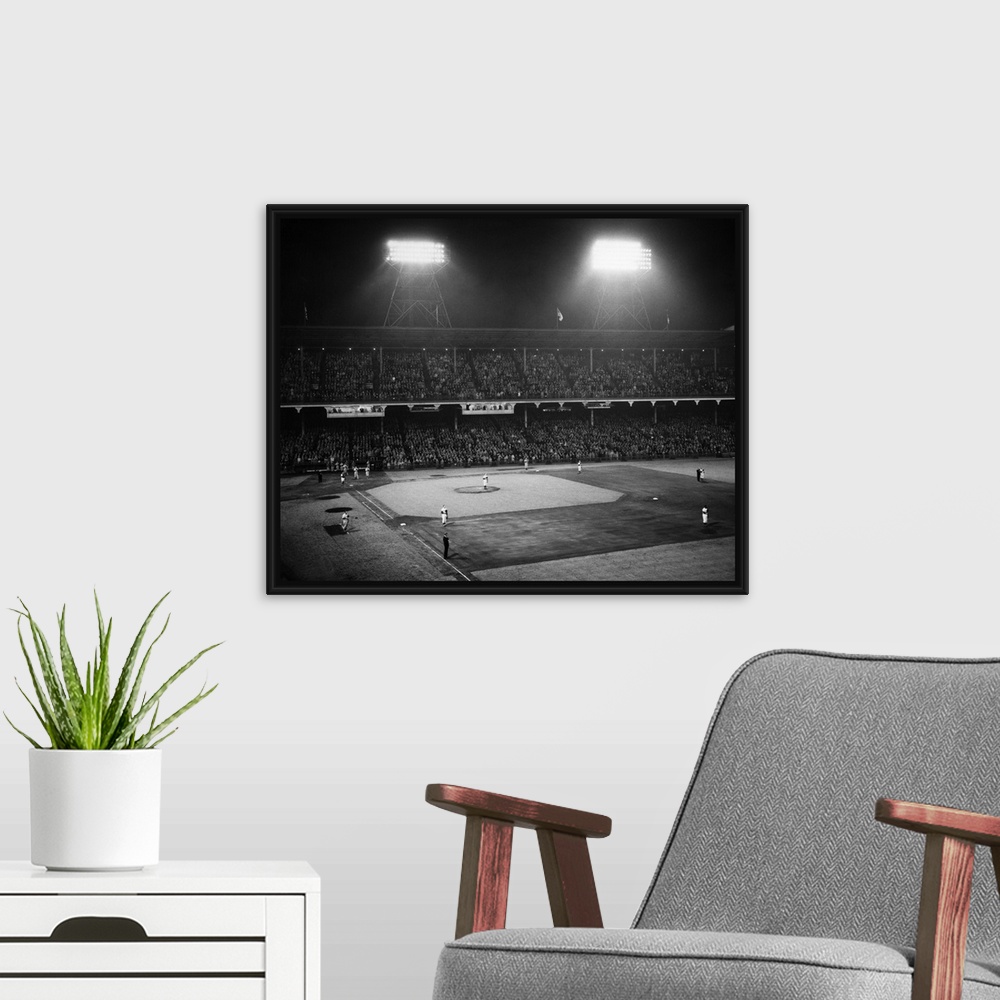 A modern room featuring 1940's 1947 Baseball Night Game Under The Lights Players Standing For National Anthem Ebbets Fiel...