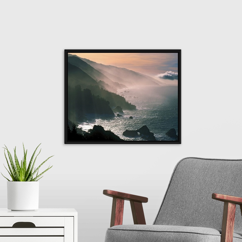 A modern room featuring Photograph of the Santa Lucia Mountains rising through fog and mist from the Pacific Ocean.  The ...