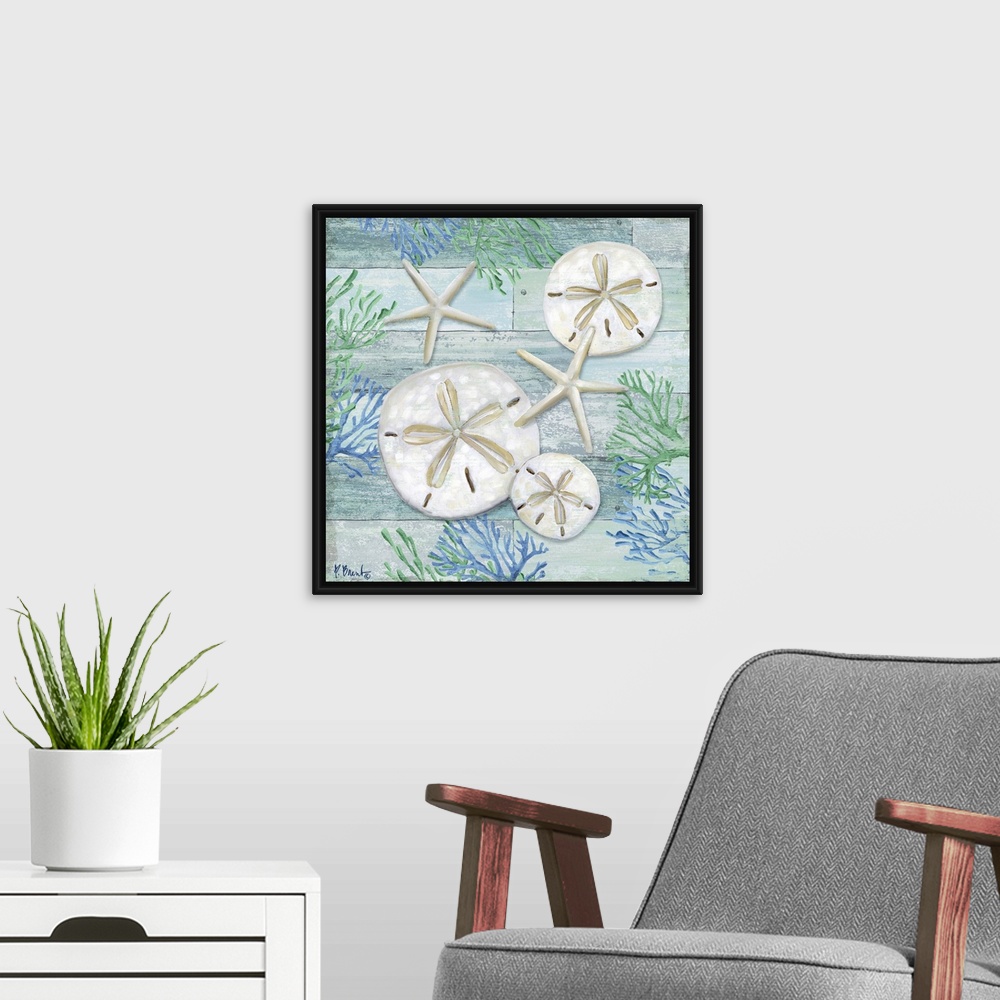 A modern room featuring Square sand dollar, starfish and coral decor in light blue, green, and white.