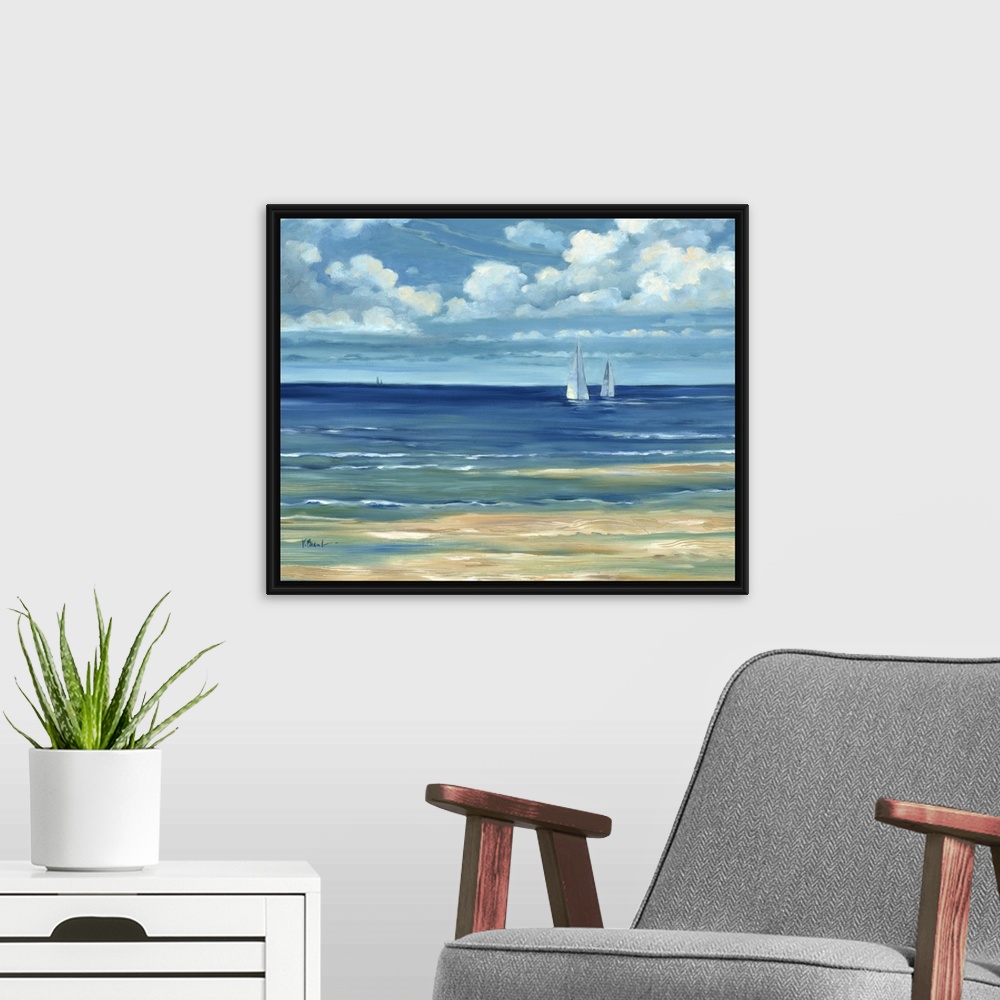 A modern room featuring Contemporary landscape painting of a deep blue ocean with white clouds overhead.