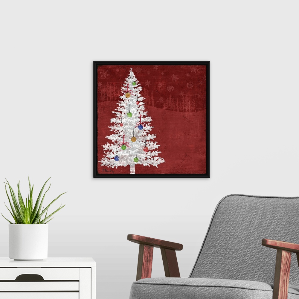 A modern room featuring Artwork of a white tree decorated with Christmas Ornaments on a red background.