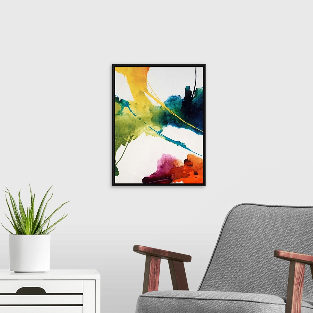 A modern room featuring Contemporary watercolor painting of several multicolored masses with thin streaks of paint over a...