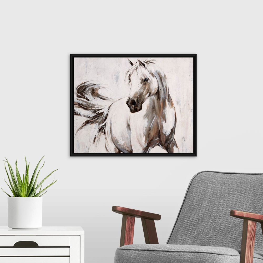 A modern room featuring Contemporary painting of an elegant white horse flicking its tail.