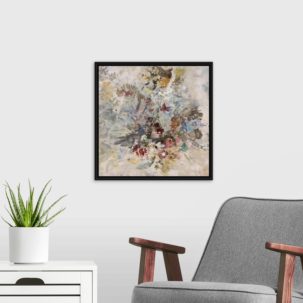 A modern room featuring Abstract painting using a mixture of dark and bright colors in the center of the image with light...