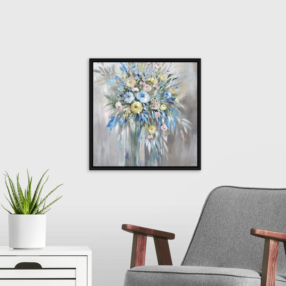 A modern room featuring Contemporary abstract painting of a floral arrangement with with blue, yellow, and pale pink flow...