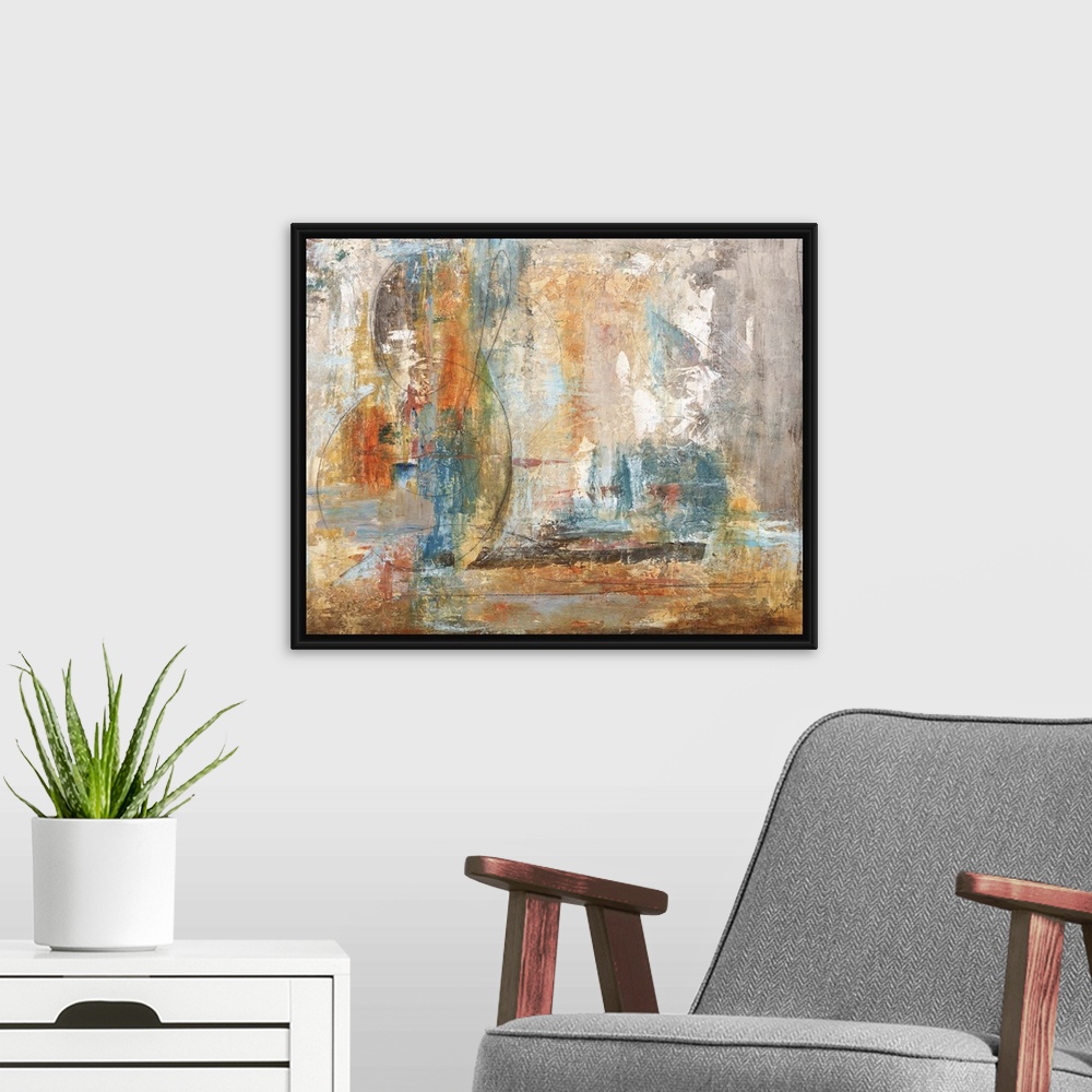 A modern room featuring Contemporary abstract painting in orange and blue.