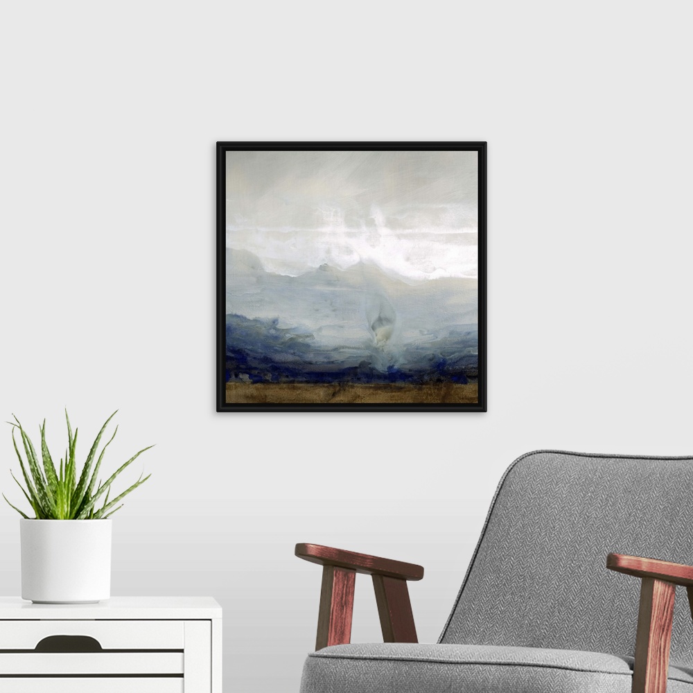 A modern room featuring Contemporary painting of a misty landscape with shapes of mountains in the distance.