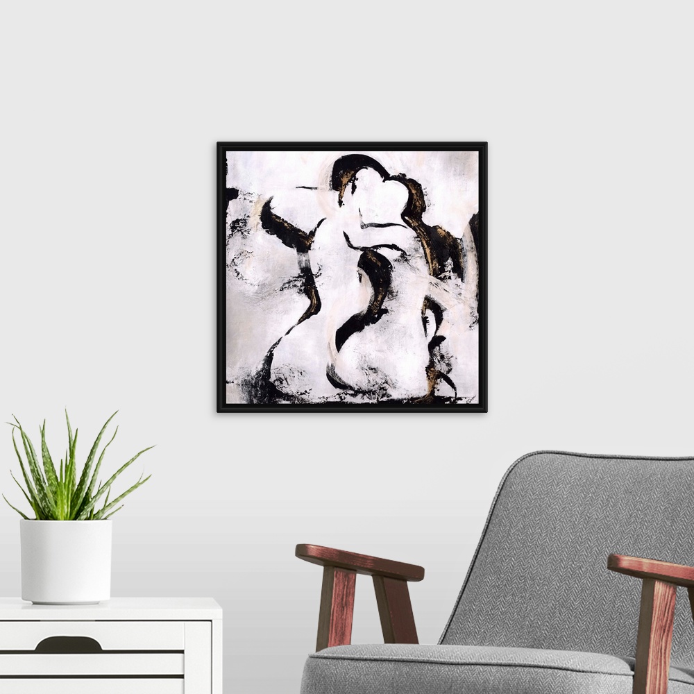 A modern room featuring Abstract painting using harsh black paint strokes in contrast with the light background bringing ...