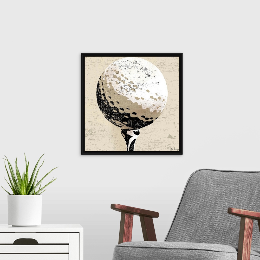 A modern room featuring Vintage style wall art of an old distressed golfball on tan and sepia background.