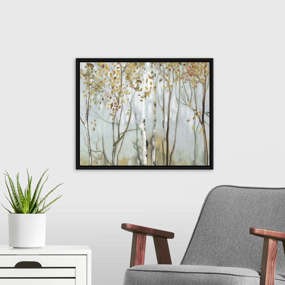 A modern room featuring Large landscape painting of birch trees in the woods with gold and red leaves.