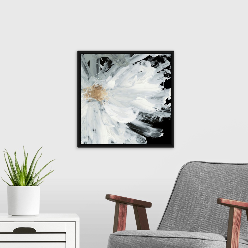 A modern room featuring Decorative artwork with a large white peony on a dark black background.