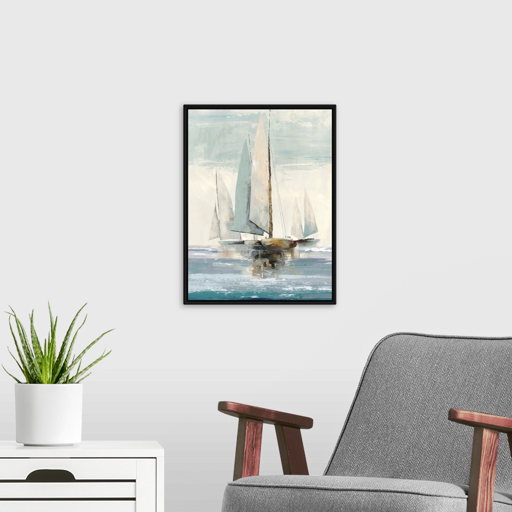 A modern room featuring Painting of sailboats on the water in the morning.