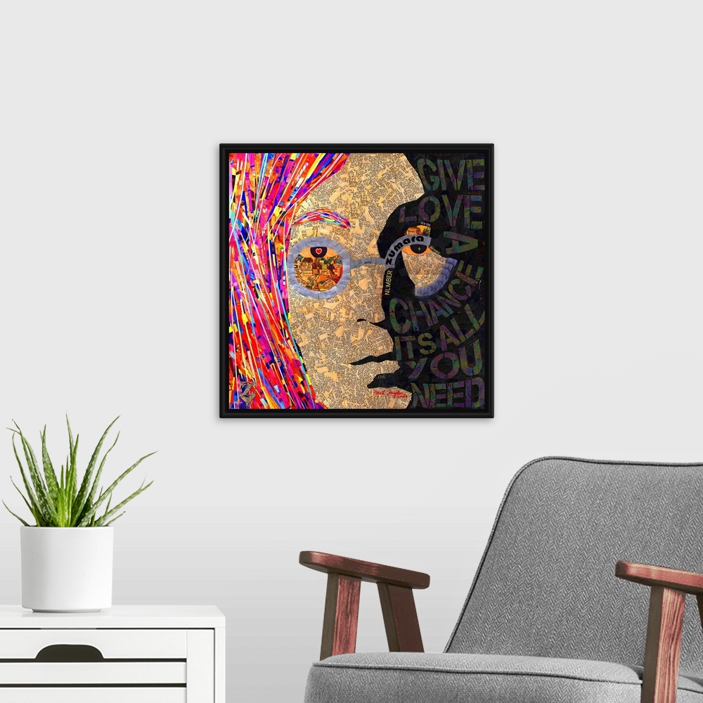 A modern room featuring A square portrait of the famous musician collaged together with text, stenciled letters over a pa...