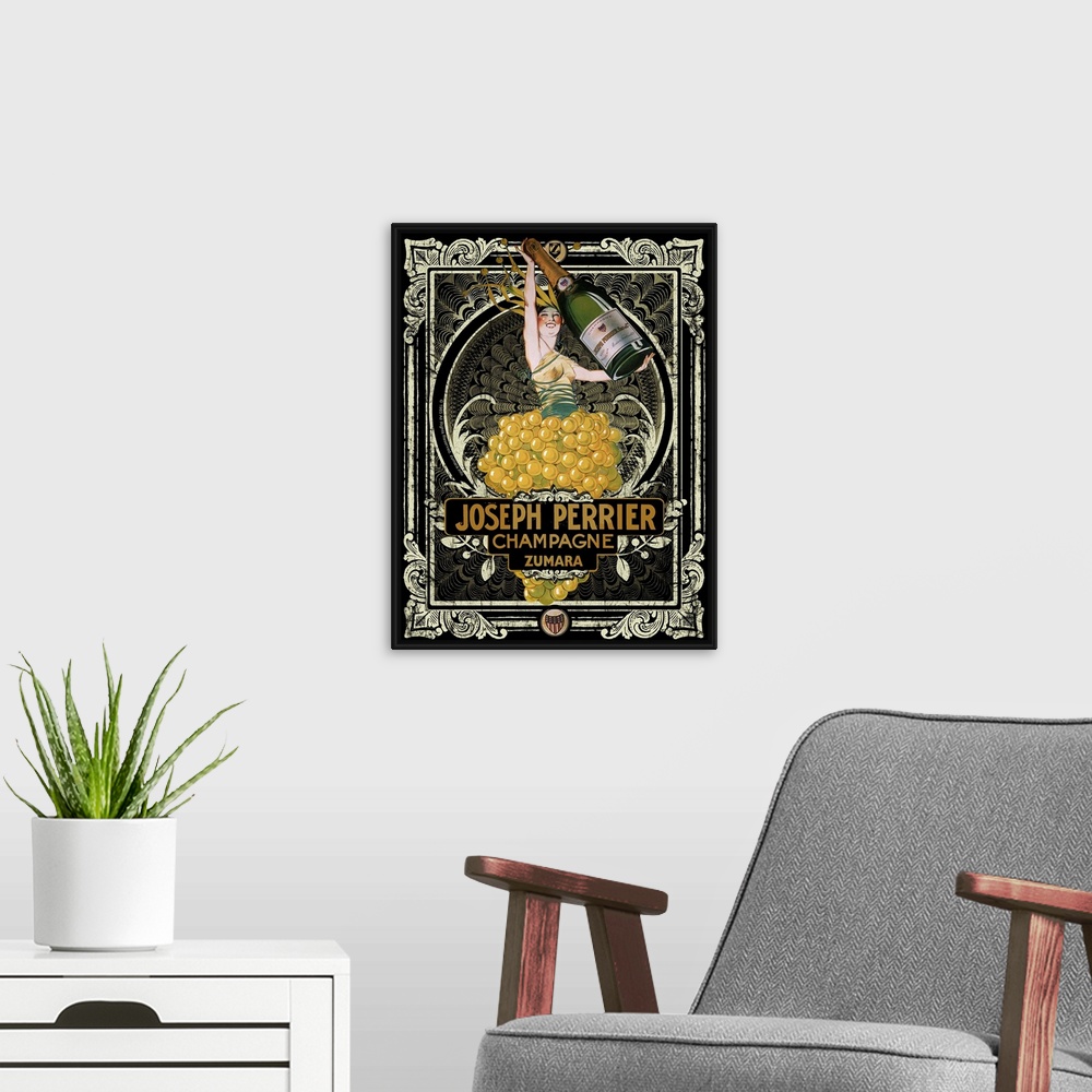 A modern room featuring Vintage poster of a person holding up a life size bottle of champagne as they stand in a bushel o...