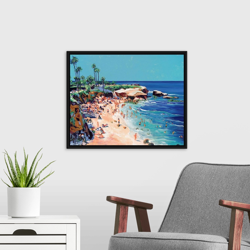 A modern room featuring Painting of swimmers, surfers, snorkeling, and sun bathing at the world famous park and beach in ...