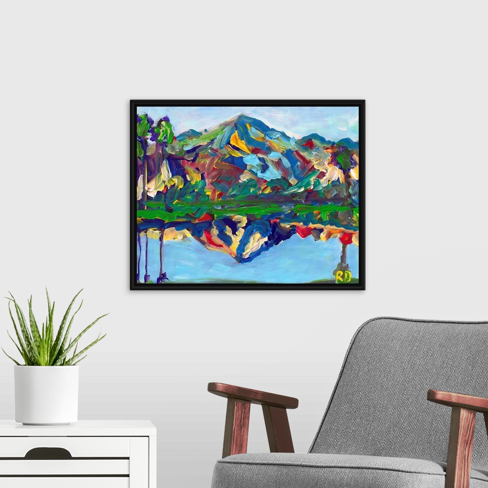 A modern room featuring Palm Springs San Jacinto Reflection, abstract desert landscape painting by RD Riccoboni. Blues, g...