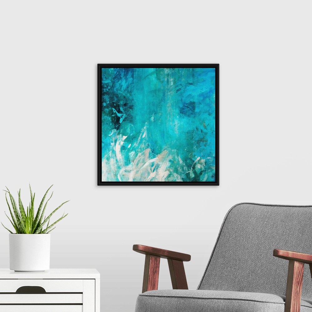 A modern room featuring Contemporary abstract painting with cool colored brush strokes varying in length and direction.
