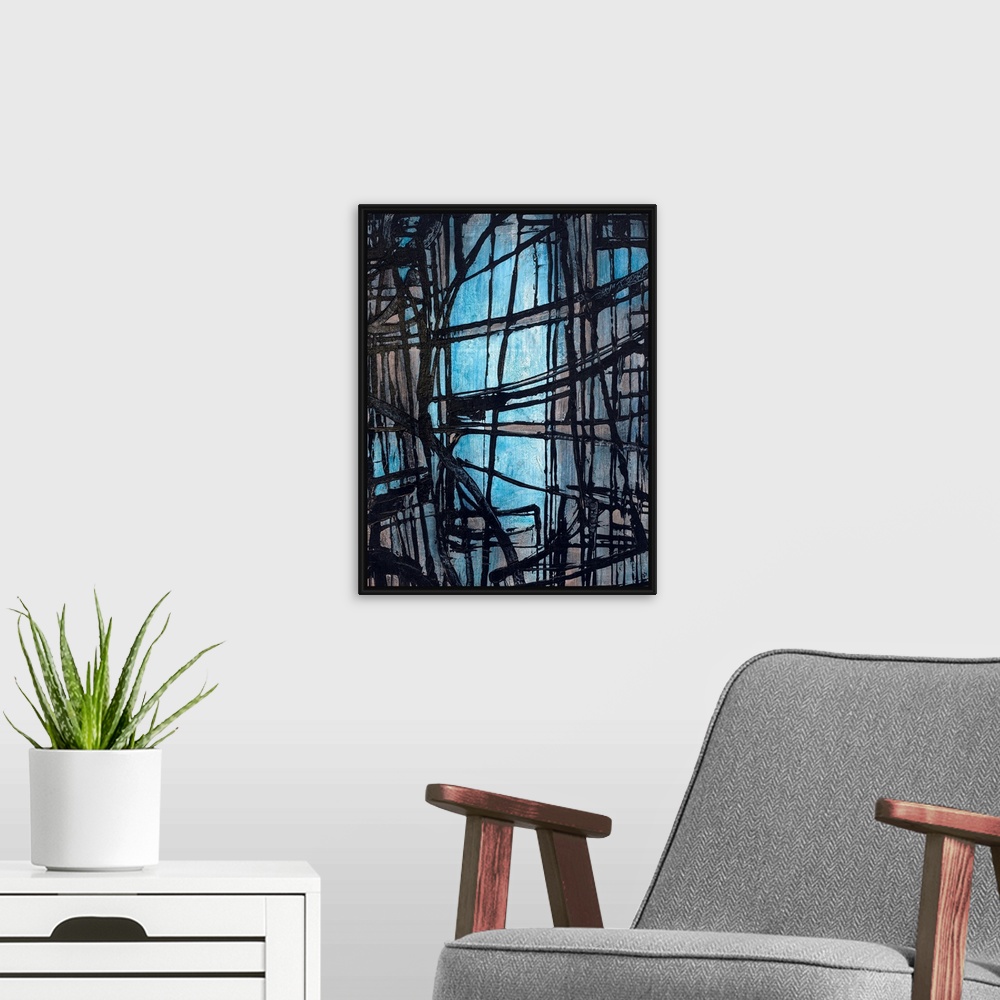 A modern room featuring Portrait, oversized, abstract art of rough, dark lines, intersecting in various directions on a l...