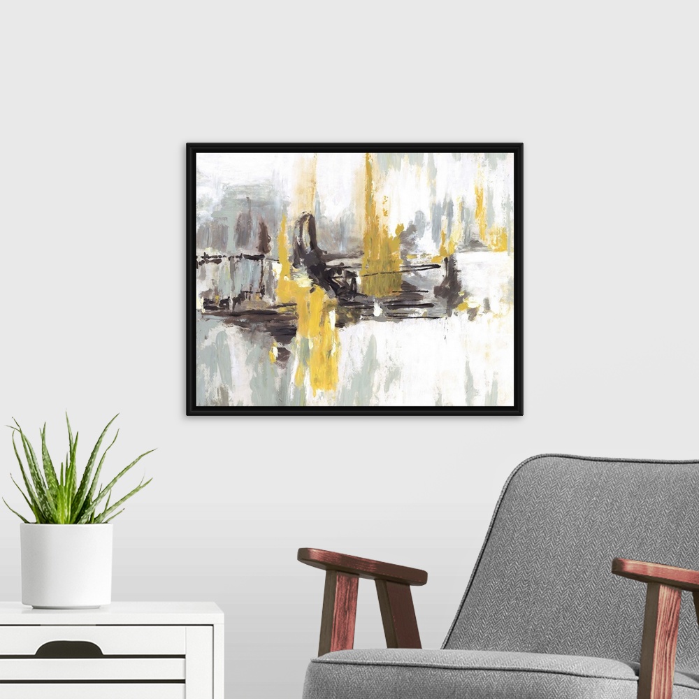 A modern room featuring Contemporary abstract artwork in black and white embellished with bright yellow areas.