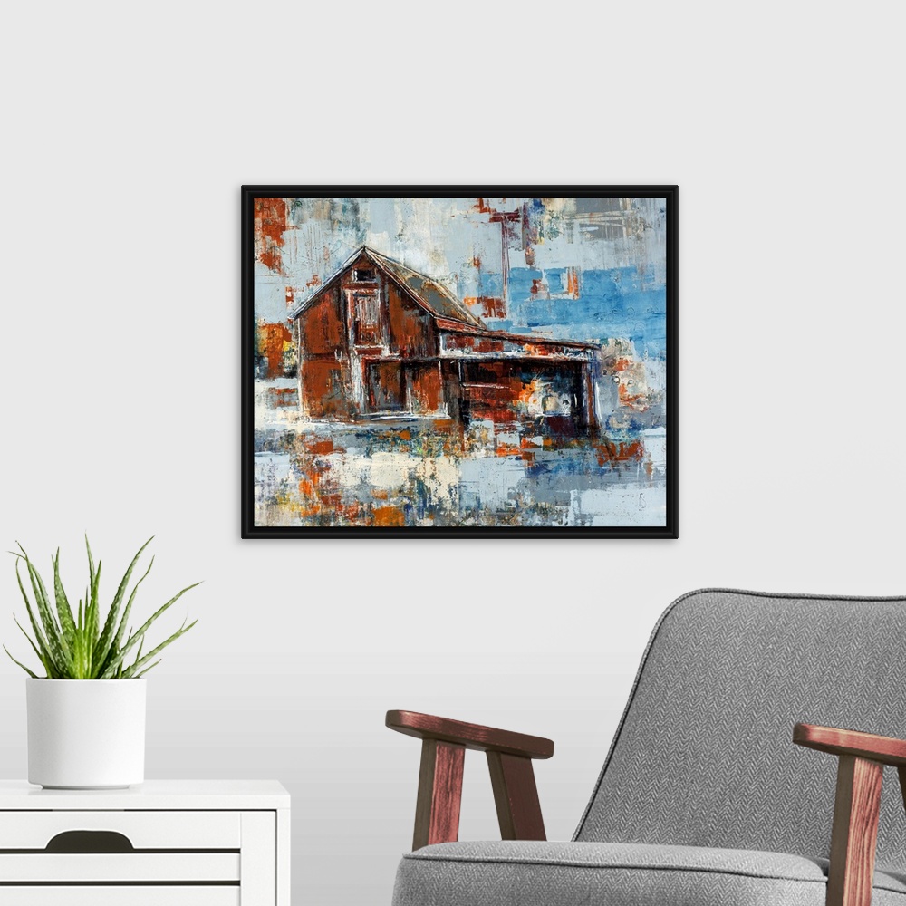 A modern room featuring Abstracted artwork of a barn painted with rust colored browns that contrast beautifully with cool...