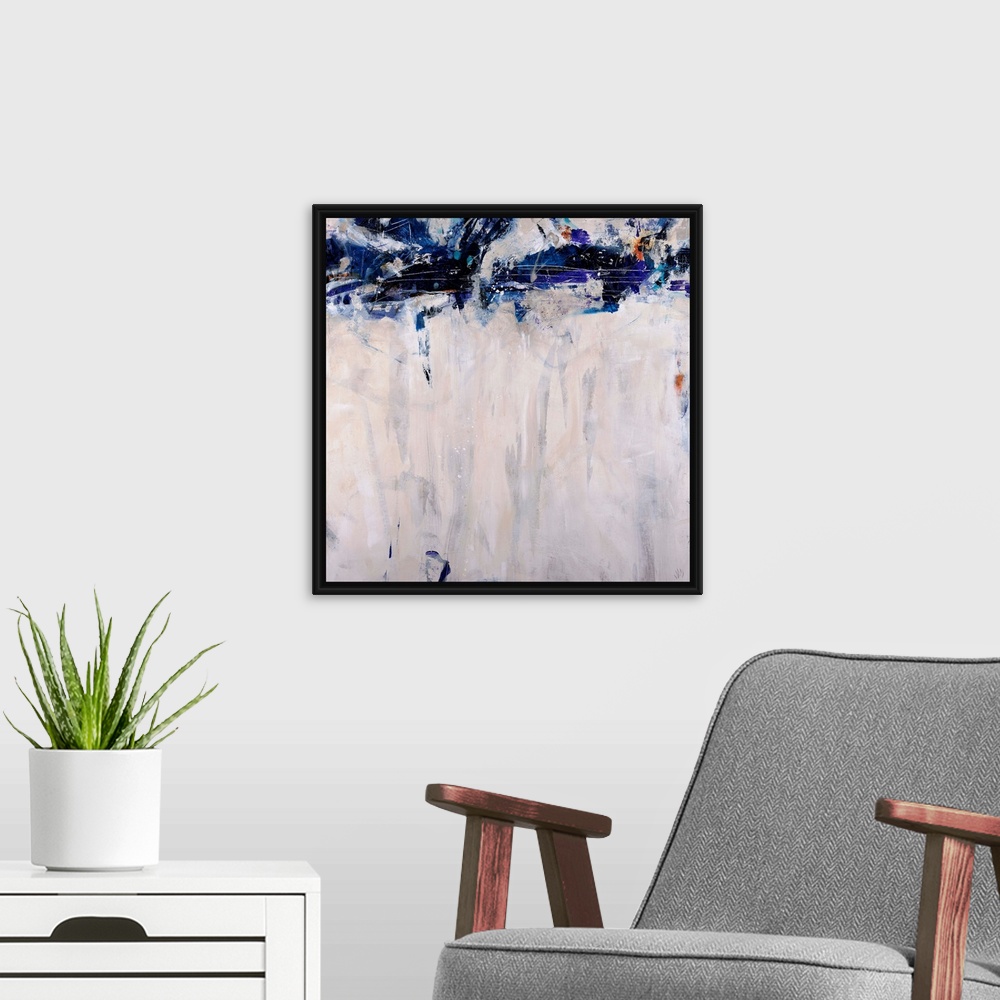 A modern room featuring This artwork is a square gicloe print of an abstract painting with dark shapes decorating the top...