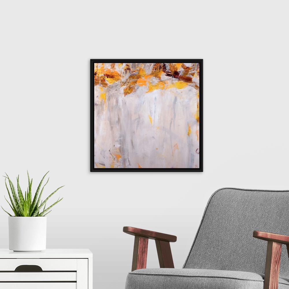 A modern room featuring Giant abstract art incorporates various distressed earth toned shapes at the top of the piece, wh...