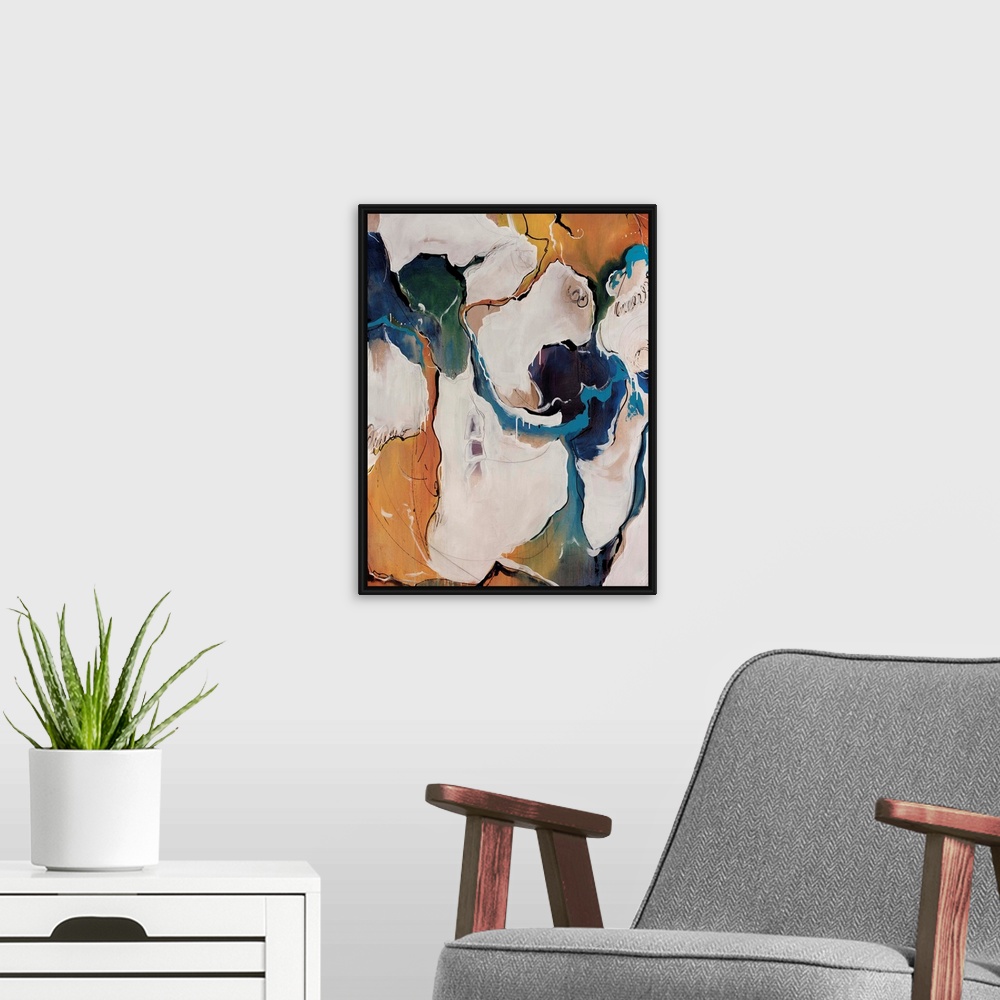 A modern room featuring Contemporary abstract artwork with flowing areas of color, reminiscent of a busy ocean town on a ...