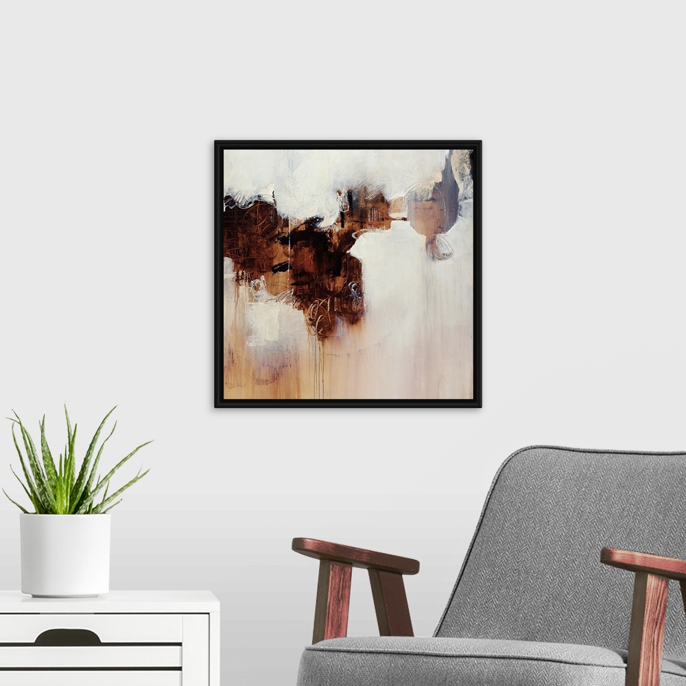A modern room featuring Abstract contemporary painting featuring white spaces swirling into a darker brown center, appear...
