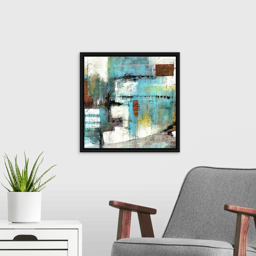 A modern room featuring Contemporary abstract artwork with sketchy, quick lines and dark blocks on top of a pale backgrou...