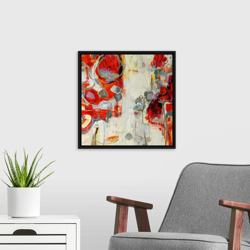 A modern room featuring Contemporary abstract painting featuring vibrant colors and fluid shapes reminiscent of the celeb...
