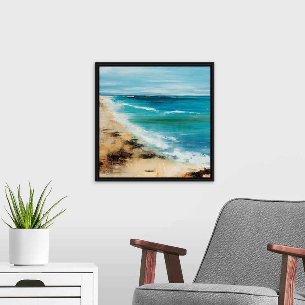 A modern room featuring Contemporary painting of slightly blurred, out of focus shoreline with surf and waves rolling in ...