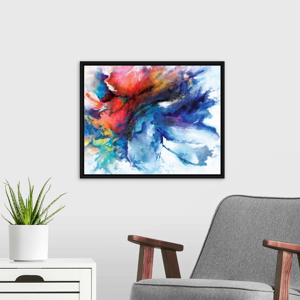 A modern room featuring A contemporary abstract painting of a cloud-like formation of deep colors and brush strokes.