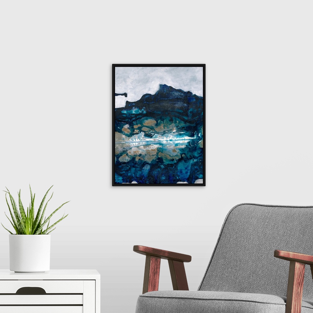 A modern room featuring Contemporary painting of blue forms mimicking a cool natural landscape, such as a lake or mountain.