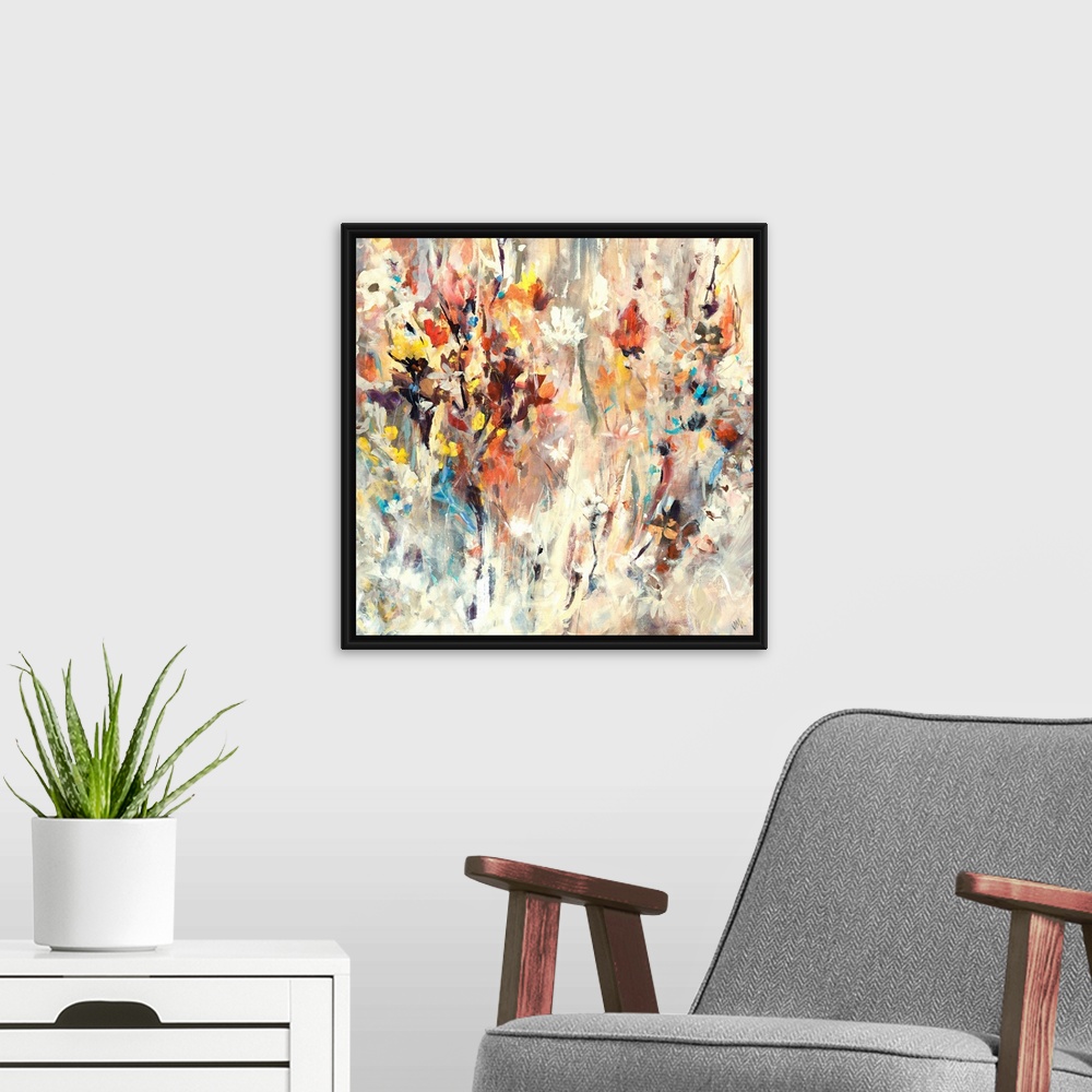A modern room featuring Contemporary painting of many bright flowers, seemingly jumping from the beige background, full o...