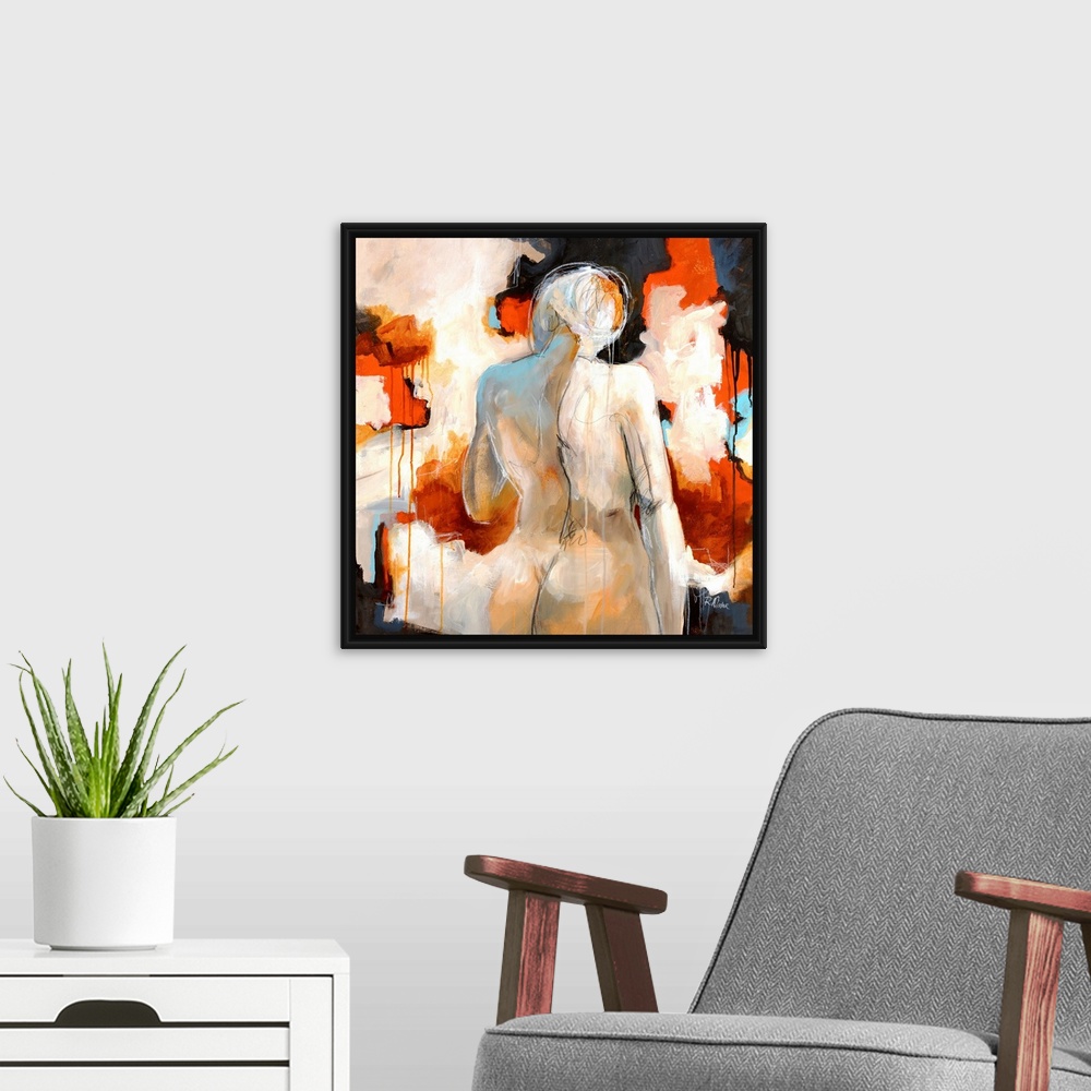 A modern room featuring Giant contemporary art shows a profile from behind of a nude woman standing in front of backgroun...