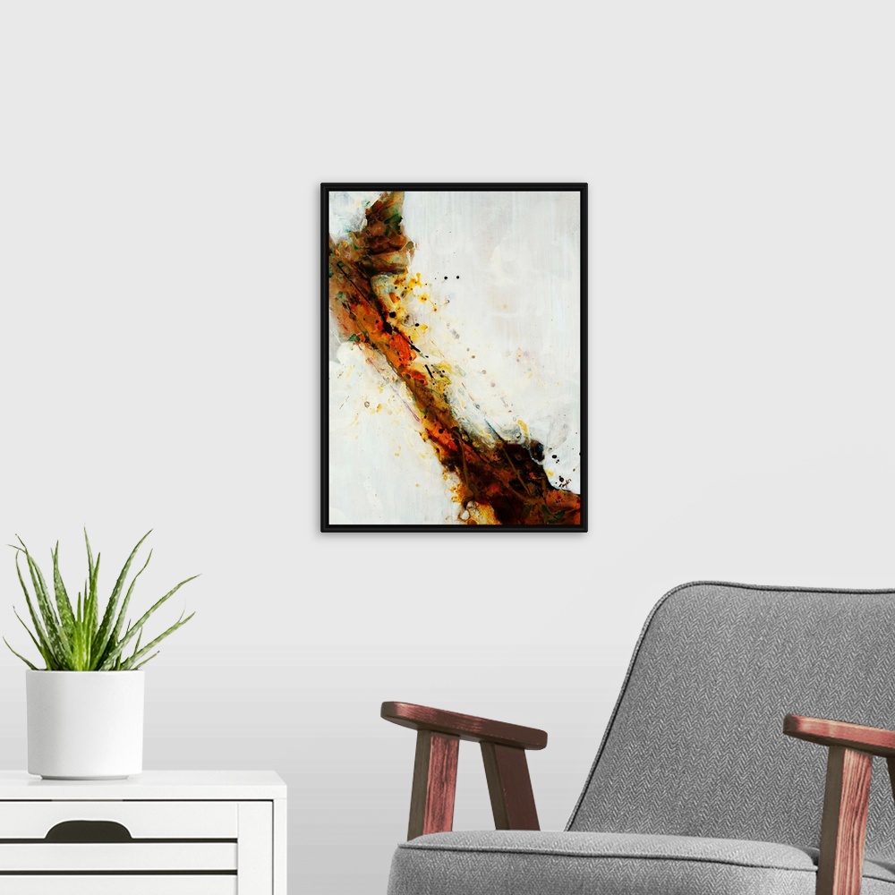 A modern room featuring Abstract painting of dark brown, orange and yelllow brushstrokes and paint splatters dividing the...