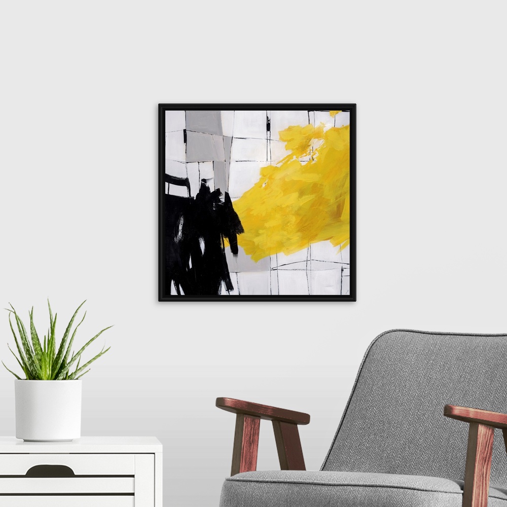 A modern room featuring Abstract painting using bright yellow paint strokes and black paint strokes against a cracked til...