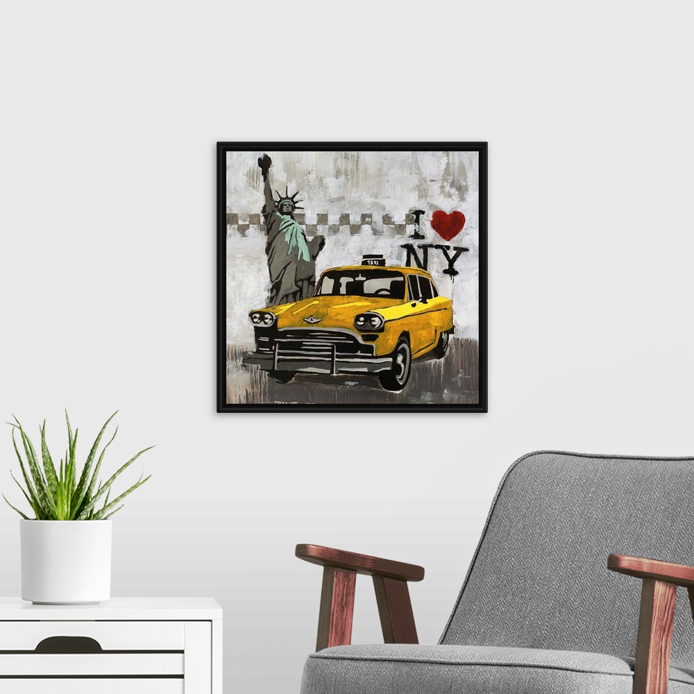 A modern room featuring Contemporary painting of a taxi cab in front of the State of Liberty with an "I love New York" lo...