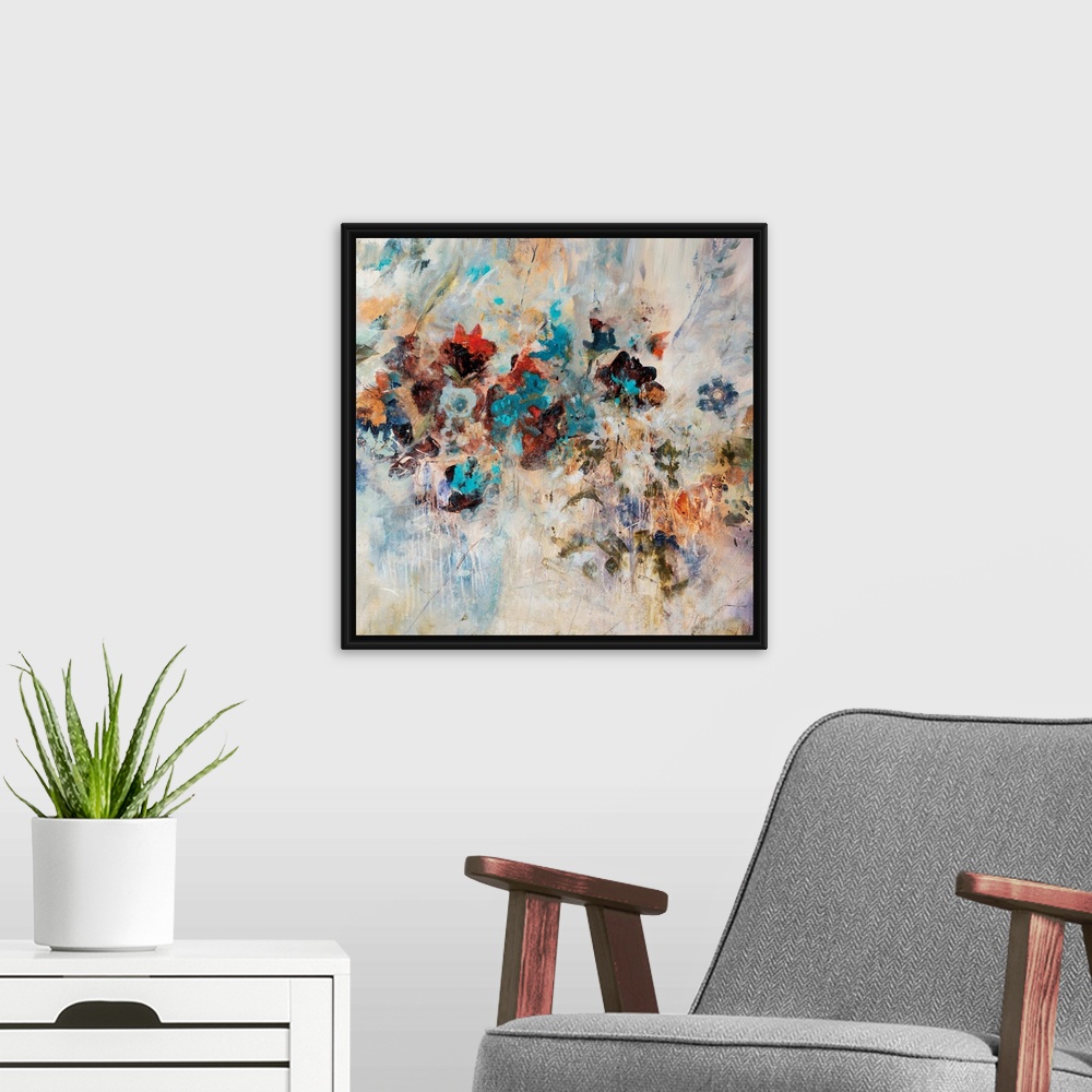 A modern room featuring Abstract art piece of flowers pushing through the textured cream background.