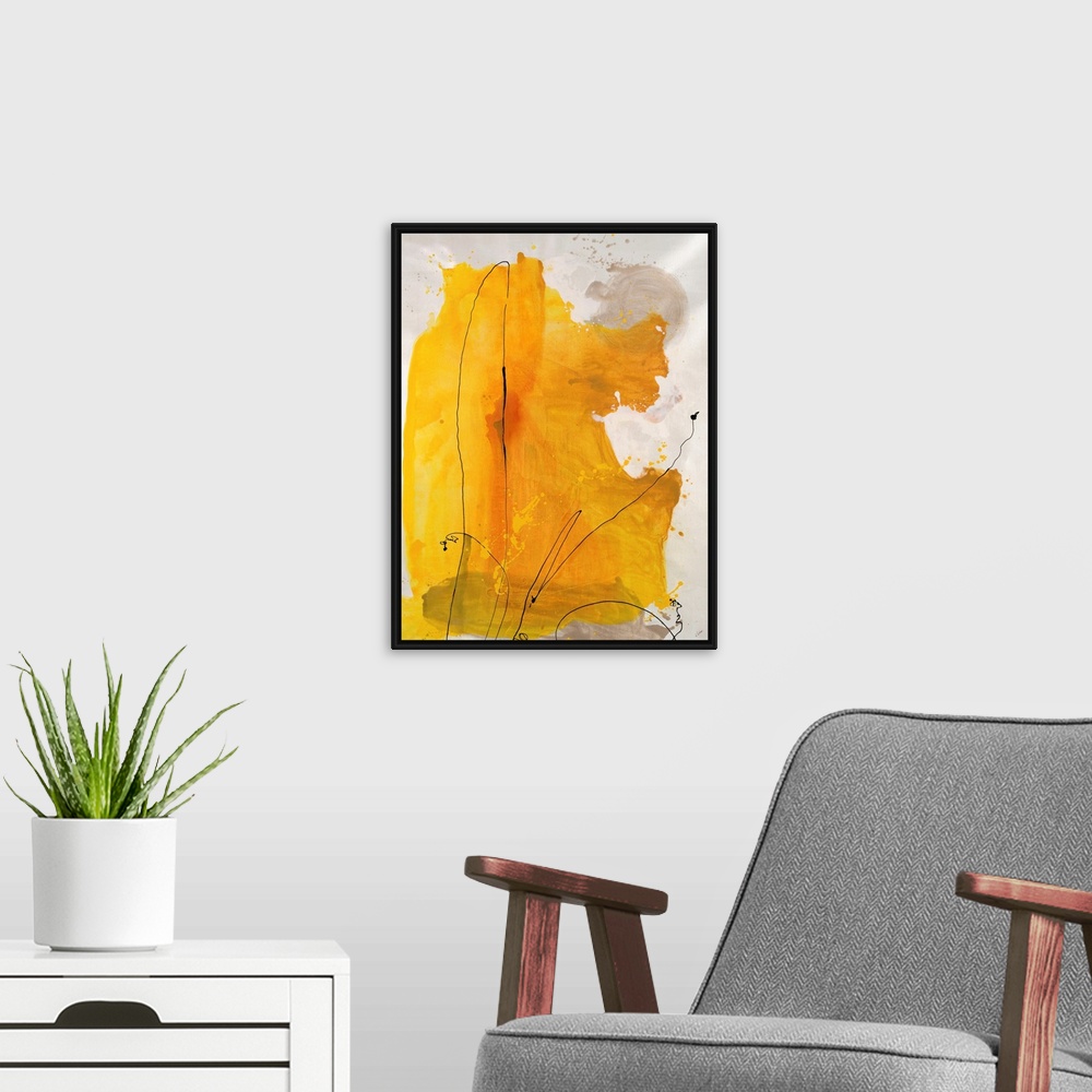 A modern room featuring Painting of a large abstract shape in golden tones with thin, swirling lines of paint that appear...