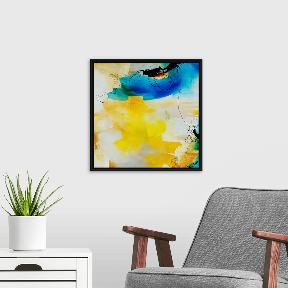 A modern room featuring Abstract painting of fluid black lines overtop of vibrant yellow and blue brushstrokes.